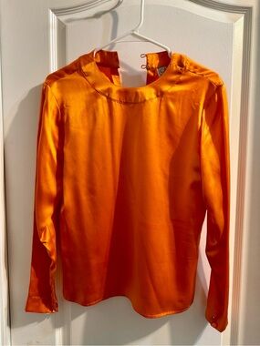 Vibrant Orange 100% Silk Satin Long-Sleeve Blouse